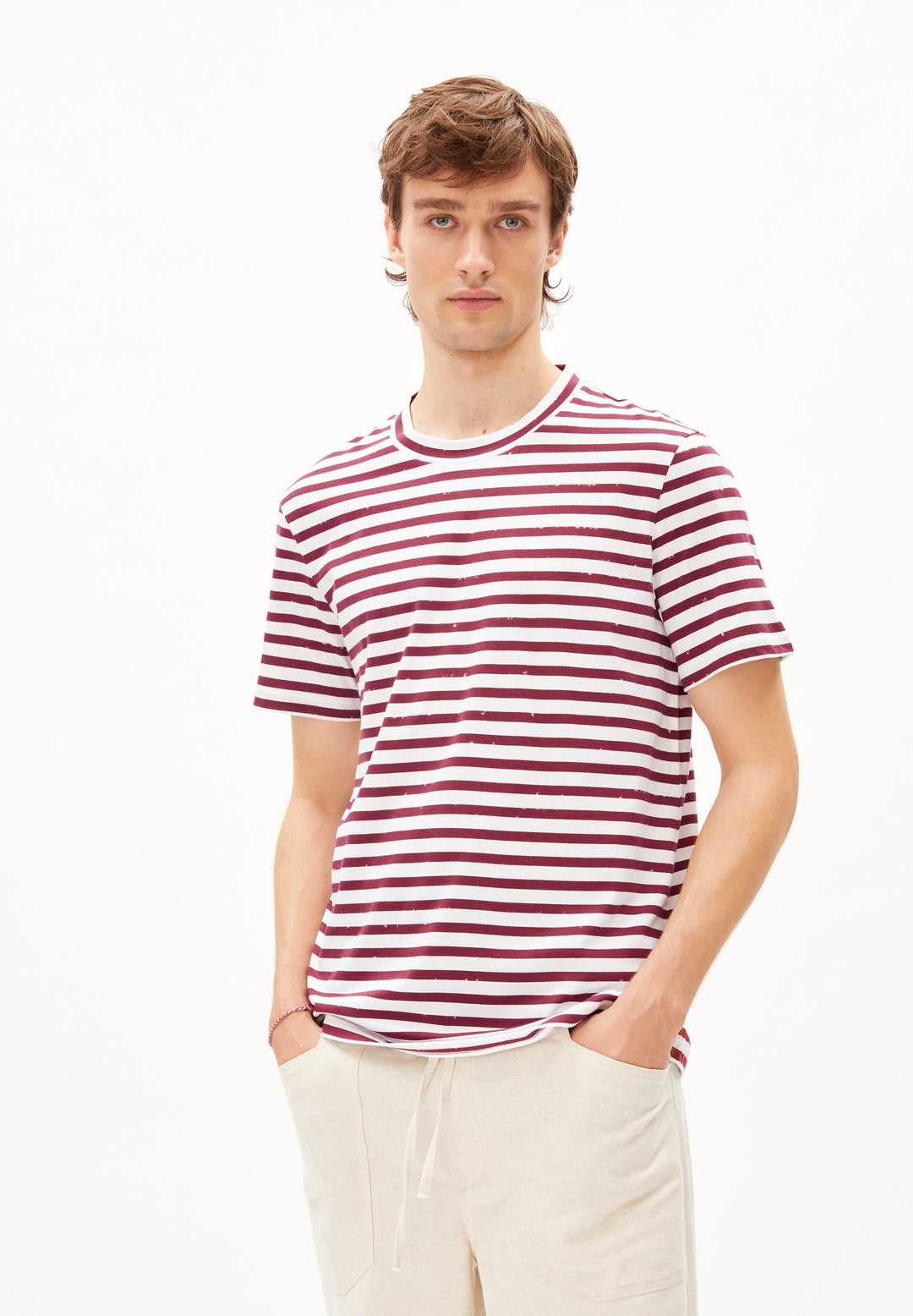 T-Shirt MALMAA STRIPES White - Dark Crimson von Armedangels